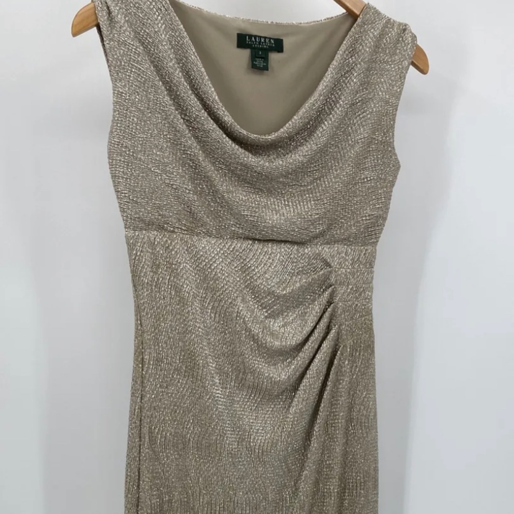 Lauren Ralph Lauren Evening Gold Metallic Maxi Dress Floor Length Size 2 Bodycon